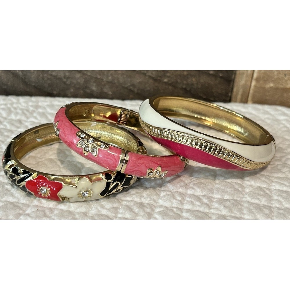 Hinged Lot Of 3 Enamel And Rhinestone Bangle Bracelet.glam prom wedding